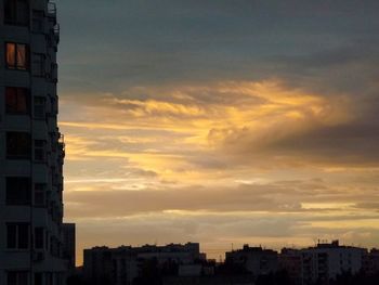 Buildings in city at sunset