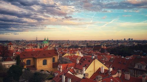 High angle view of townscape against sky at sunset