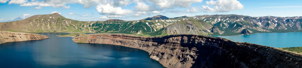 Panoramic view of lake and mountains against sky