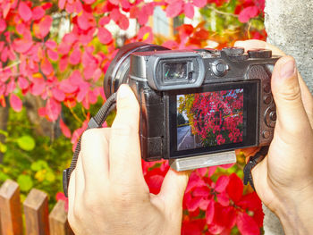 Midsection of woman photographing at home