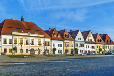 Central square surrounded by well-preserved gothic and renaissance houses in bordejov, slovakia