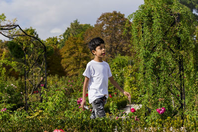 Young boy walking calmly in the park.