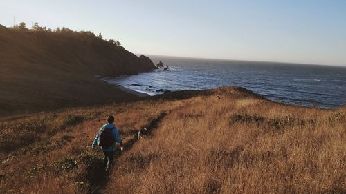 Rear view of woman with dog walking towards sea