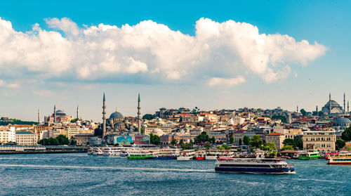 Panoramic view of buildings against cloudy sky