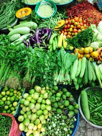 High angle view of vegetables for sale at market stall