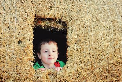 Cute boy looking through hay structure