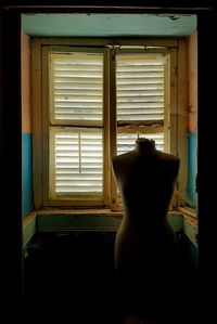 Rear view of woman looking through window