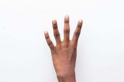 Close-up of hand against white background