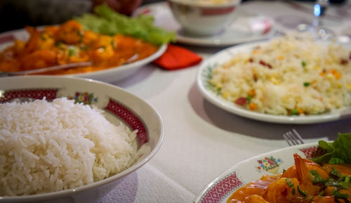 High angle view of meal served on table