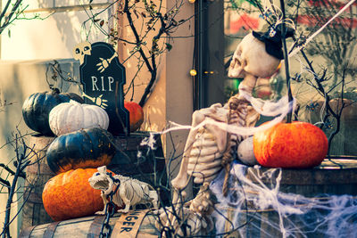 Halloween background with orange, black and white halloween pumpkins, skeleton of man and dog