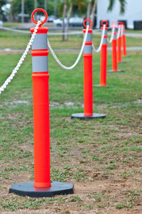 Red metallic structure on field