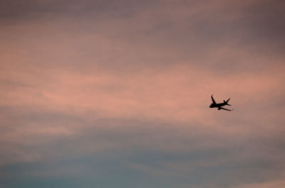 Low angle view of silhouette airplane flying against sky during sunset