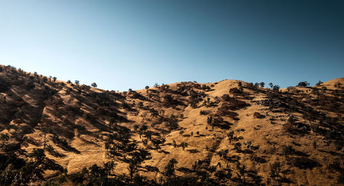 Scenic view of mountains against clear blue sky