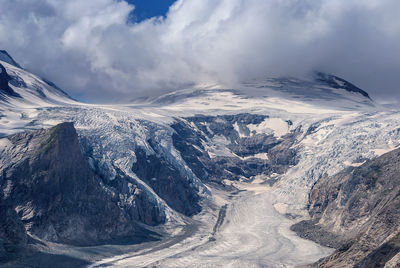 Scenic view of snowcapped mountains against cloudy sky