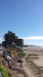 Scenic view of beach against clear blue sky