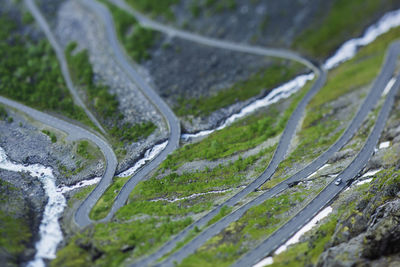 High angle view of road on snow covered landscape