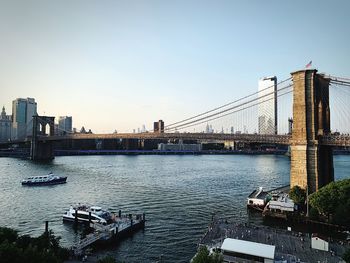 Bridge over river with city in background