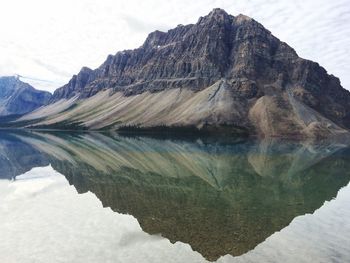 Reflection of rocky mountains in calm lake