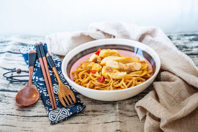 Close-up of pasta in bowl on table