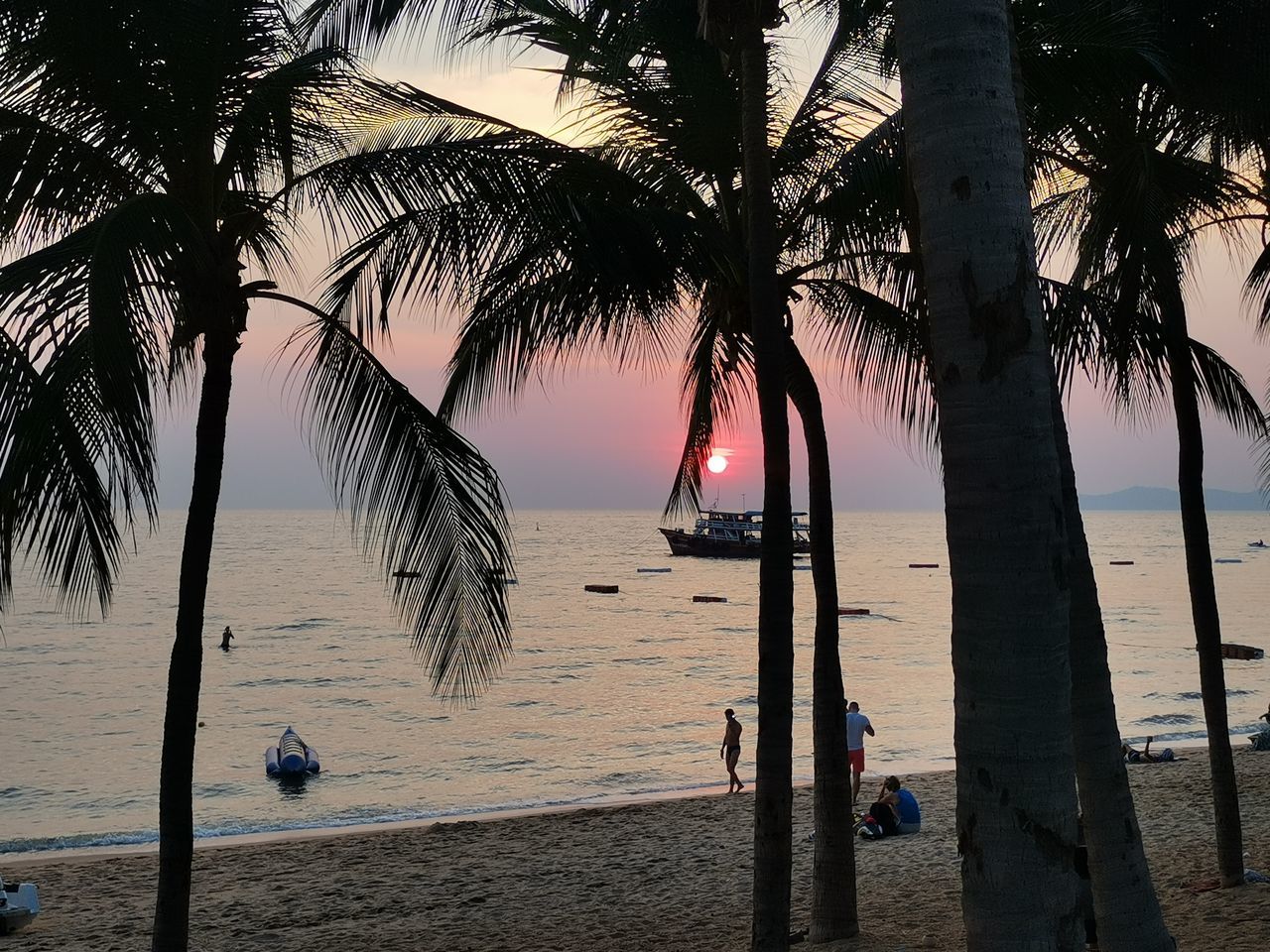 palm tree, beach, sea, water, tropical climate, tree, land, sky, nature, sunset, beauty in nature, plant, sand, tranquility, scenics - nature, holiday, vacation, ocean, trip, travel destinations, tranquil scene, coconut palm tree, evening, horizon over water, dusk, idyllic, travel, silhouette, tropical tree, body of water, horizon, outdoors, tropics, sunlight, relaxation, tourism, tree trunk, sun, trunk, leisure activity, coast, island, environment, no people, transportation, summer
