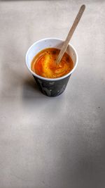 High angle view of soup in bowl on table