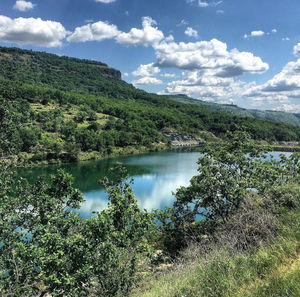 Scenic view of lake and trees against sky