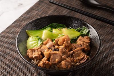 High angle view of food in plate on table