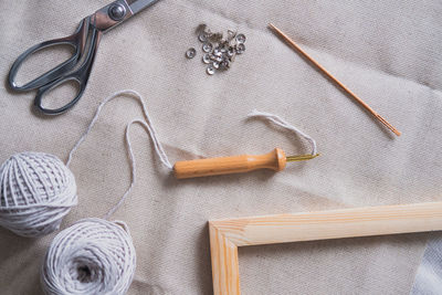 High angle view of objects on table