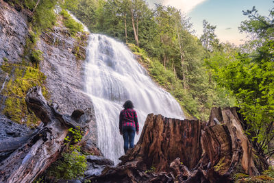 Rear view of man looking at waterfall