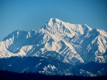 Scenic view of snowcapped mountains against clear sky