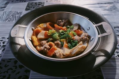 High angle view of soup in bowl on table