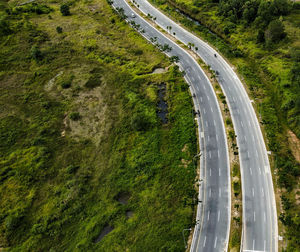 High angle view of road amidst trees