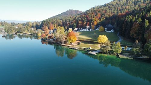 Scenic view of lake against sky during autumn