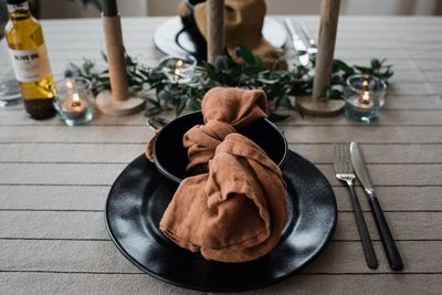Romantic dinner table set for two at home
