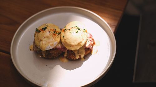 High angle view of breakfast served on table