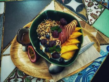 High angle view of breakfast served on table