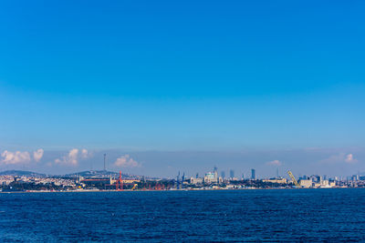 Scenic view of sea by buildings against blue sky