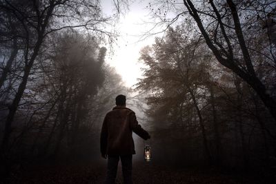 Rear view of man with oil lamp standing amidst trees in forest during foggy weather