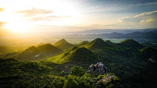 Scenic view of mountains against sky during sunset