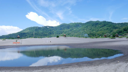 Scenic view of land and mountains against sky