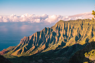 Scenic view of mountains against sky during sunset