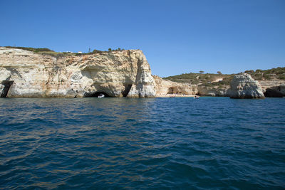 Scenic view of sea against clear blue sky