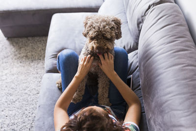 Woman stroking spanish water dog on sofa at home