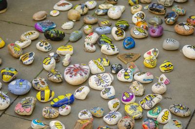 High angle view of candies on table