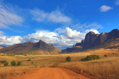 Scenic view of landscape against blue sky