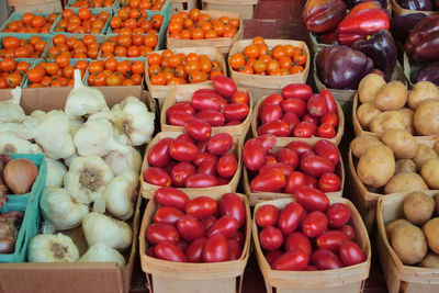 Vegetables arranged in boxes at market for sale