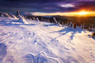 Snow covered landscape against sky during sunset