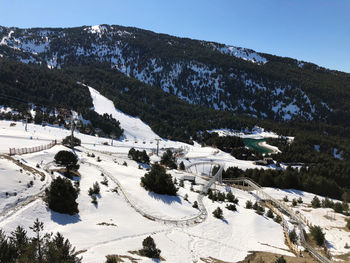 Scenic view of snow covered mountains against sky