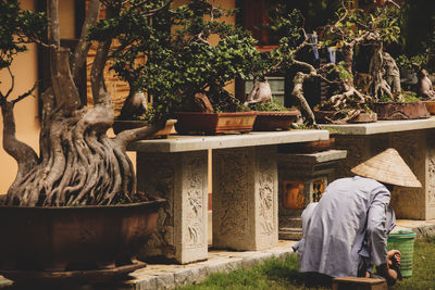 Rear view of monks in the garden