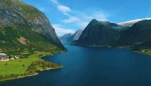 Scenic view of lake and mountains against sky
